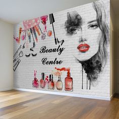 an empty room with a brick wall decorated with makeup and nail polishes on it