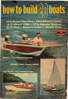 an advertisement for a boat with two men in the front and one on the back