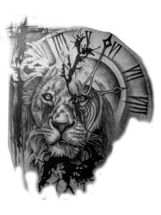 a black and white photo of a lion with a clock on it's face