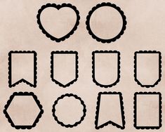 a set of black and white frames with hearts, arrows, and other shapes on a beige background