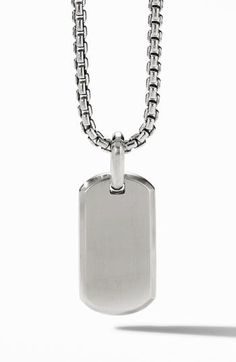 Black titanium or sterling silver. Tag, 27mm. Please note: tag only, chain sold separately. Classic Silver Stainless Steel Necklace, Minimalist White Gold Dog Tag Jewelry, Engraved Gunmetal Pendant Jewelry, Timeless Stainless Steel Box Chain Jewelry, Elegant Stainless Steel Jewelry In Gunmetal, Formal Sterling Silver Cable Chain Jewelry, Elegant Gunmetal Stainless Steel Jewelry, Formal Stainless Steel Box Chain Jewelry, Elegant Gunmetal Jewelry In Stainless Steel