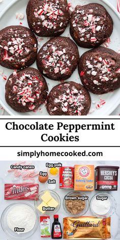 chocolate peppermint cookies on a white plate with candy canes and other ingredients