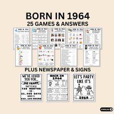 a poster with the words born in 1994 25 games and answers plus newspaper & signs