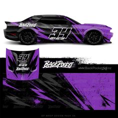 an image of a car wrapper for a racing team that is purple and black