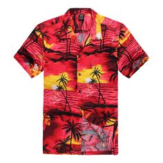 Men Hawaiian Aloha Shirt in Red Sunset Sunset Red, Hawaii Style, Tropical Sunset, Cheap Pants, Red Sunset, Cool Hawaiian Shirts, Mens Dress Pants, Vintage Hawaiian, Red High