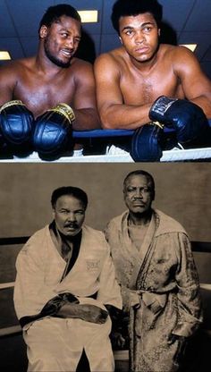 two men sitting next to each other with boxing gloves on their shoulders and the caption above them reads, joe frazet and muhammad all two of the greatest to ever put the gloves