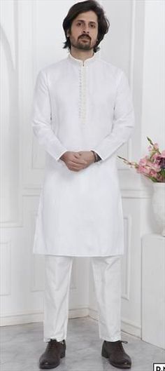 White and Off White color Kurta Pyjamas in Cotton fabric with Thread work White Traditional Wear For Marriage, White Long Sleeve Kurta For Wedding, White Embroidered Wedding Kurta, White Long Sleeve Traditional Wear For Wedding, White Long Sleeve Traditional Wedding Wear, White Kurta For Eid Wedding, White Wedding Kurta For Eid, White Chikankari Embroidery Wedding Kurta, Festive Wedding