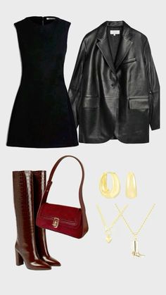 a woman's outfit and accessories including boots, jacket, handbag and purse