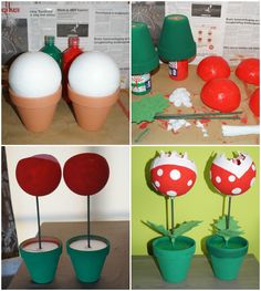 four different pictures of red and white flowers in potted plants with fake eggs on them