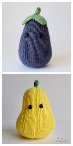 two knitted pears with faces and noses