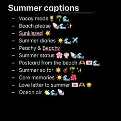 the words summer captions are written in different font and colors on a black background