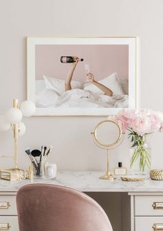 Champagne in Bed (19.7" x 27.6") Champagne In Bed, Types Of Interior Design Styles, Living Room Types, In The Bedroom, Pink Wall, Pink Walls