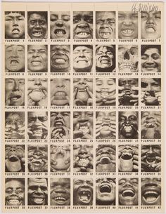 an old poster with many different faces and mouths on it's sides, all in black and white