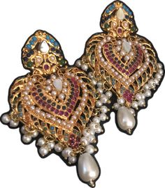 Kundan Pearl Earrings With Stone Work For Celebrations, Traditional Kundan Pearl Earrings With Stone Work, Kundan Pearl Earrings With Stone Work For Festivals, Elegant Kundan Danglers For Party, Diwali Temple Jewelry Pearl Earrings With Stone Work, White Bridal Earrings With Stone Work For Celebration, Elegant Multicolor Pearl Earrings For Celebration, Multicolor Bollywood Bridal Earrings With Intricate Design, Bollywood Style Pearl Earrings With Stone Work For Celebration