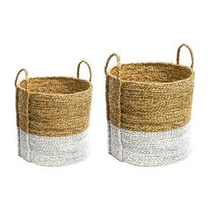 two white and brown baskets sitting next to each other