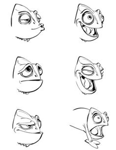 cartoon character heads drawn in black and white with different expressions, including eyes, nose, mouth