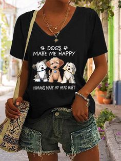 Product Name Dogs Make Me Happy Print Women's T-shirt SPU 10208188 Gender Women Occasion Casual Material Cotton Blend Please Note: All dimensions are measured manually with a deviation of 1 to 3CM      SIZE BUST SHOULDER LENGTH SLEEVE IN CM IN CM IN CM IN CM S 40.2 102 15.4 39 28.3 72 6.9 17.5 M 41.7 106 15.8 40 28.3 72 7.1 18 L 43.3 110 16.1 41 28.9 73.5 7.3 18.5 XL 45.7 116 16.8 42.5 28.9 73.5 7.5 19 2XL 48 122 17.3 44 29.5 75 7.7 19.5 3XL 50.4 128 17.9 45.5 29.5 75 7.9 20 4XL 52.8 134 18.5 47 Casual T Shirt, Printed Sleeves, Picture Size, Shoulder Length, Make Me Happy, Casual T Shirts, Shoulder Sleeve, Sleeve Type, Black Tee