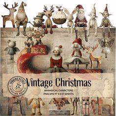 an old fashioned christmas scene with santa claus and other vintage characters, including elves, reindeers, snowmen, dolls