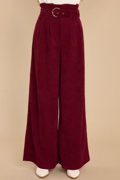 When you have to choose between "those" drab dress pants and these polished burgundy wide leg pants - I know you will choose the latter! You are always Keeping It Classy, in the office and beyond! These pants feature a paper bag style waistline, an adjustable belt, a zipper closure, and very flowy legs. Model is wearing an x-small. • 97% Polyester, 3% Spandex • Hand Wash Cold • Unlined • Imported High Waist Burgundy Wide Leg Pants For Fall, Burgundy High Waist Wide Leg Pants For Fall, Burgundy Bottoms For Fall Workwear, Burgundy Bottoms For Formal Fall Occasions, Burgundy Full-length Pants For Work, Formal Burgundy Bottoms For Fall, Burgundy Full Length Workwear Pants, Burgundy Full Length Work Pants, Elegant Burgundy High-waisted Wide Leg Pants