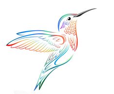 a colorful hummingbird flying in the air with its wings spread out and it's beak