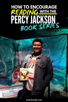 a man standing in front of a book cover with the title how to encourage reading with the percy jackson books series