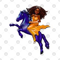 a woman riding on the back of a blue and yellow horse in front of a white background