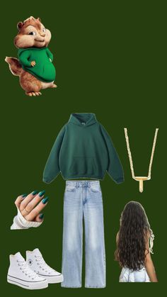 a green sweater, jeans and sneakers with an image of a squirrel on the back