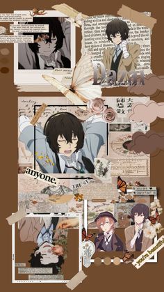 anime collage with many different pictures and words on it, including an image of a man