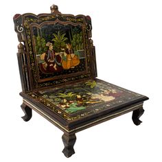 an ornately decorated chair with paintings on it's back and sides, sitting in front of a white background