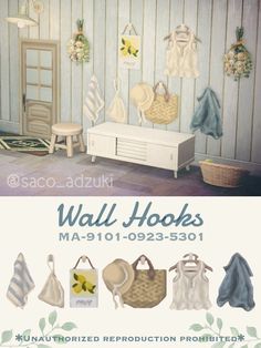 an advertisement for wall hooks in the shop with images of clothes and bags on display