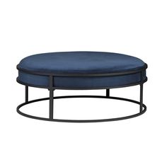 an image of a round ottoman with blue velvet upholstered on the top and metal frame