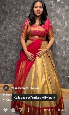 Golden Half Saree, Golden Saree Blouse Designs, Pattu Pavada, Simple Anarkali, Hair Style On Saree, Patch Work Blouse Designs, Golden Saree, Half Saree Lehenga, Half Sarees