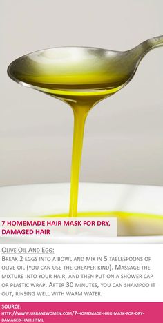 7 homemade hair mask for dry, damaged hair - Olive oil and egg - Source: http://www.urbanewomen.com/7-homemade-hair-mask-for-dry-damaged-hair.html Hair Masks For Dry Damaged Hair, Damaged Hair Diy, Diy Hair Mask For Dry Hair, Homemade Hair Mask, Olive Oil Hair, Hair Mask For Damaged Hair, Homemade Hair, Olive Oils