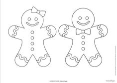 two gingerbreads with bows on their heads and one wearing a bow tie coloring page