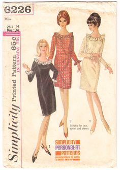 Vintage 1965 Simplicity 6226  Slim dress has lowered round neckline, long set-in sleeves, back zipper and ruffles at neck and sleeve edges.  V. 1 with self ruffles is lined when made of lace, eyelet and sheers.  V. 2 has contrasting neck and sleeve ruffles.  This pattern includes an extra feature for those who require personal-fit.  The waist and hip can be made larger (or smaller) than the regular size of this pattern.  Size: 14 Bust: 34 ins Waist: 26 ins Hip: 36 ins Printed pattern with pieces 1965 Fashion, Vintage Fashion Sketches, Vintage Clothes Patterns, Superstar Barbie, 60s Patterns, Simplicity Patterns Vintage, 1960 Fashion, Sleeve Ruffles, 1970's Fashion