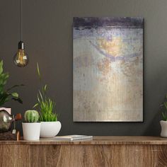 some plants are sitting on top of a wooden shelf in front of a gray wall