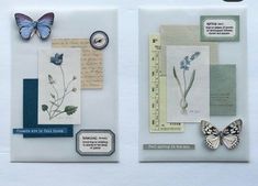 two butterflies are sitting on top of some cards and papers that have been altered to look like flowers