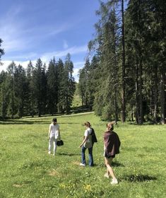 four people are walking in the grass near some trees