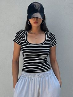 Striped Print Loose Fit Short Sleeve T-Shirt Black and White   Short Sleeve Knitted Fabric   High Stretch Summer Women Clothing, size features are:Bust: ,Length: ,Sleeve Length: Bow Shorts, Black And White Shorts, Women T Shirts, Knit Tees, White Short, Lookbook Outfits, Batwing Sleeve, Pajamas Women, Stripe Print