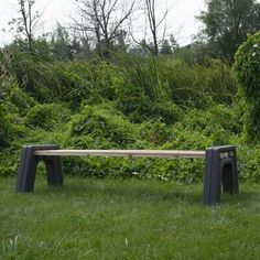 a wooden bench sitting on top of a lush green field next to tall grass and bushes