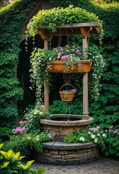 an outdoor fountain surrounded by flowers and greenery