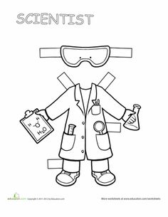 a coloring page with an image of a person in a lab coat and goggles