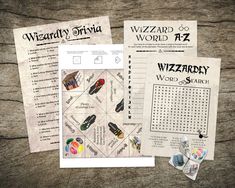 three different types of wizard trivias on top of a wooden table next to each other