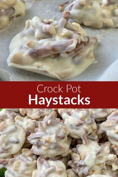 Collage of crock pot haystack candy with text White Chocolate Haystacks, Christmas Dessert Tray, Bark Recipes Easy, Bake Sale Desserts, Crockpot Candy Recipes, Chocolate Haystacks, Crockpot Christmas, Christmas Candy Easy, Christmas Candy Homemade