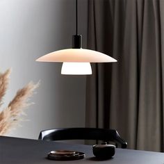 a black table with a white light hanging from it's center and some brown plants in the background