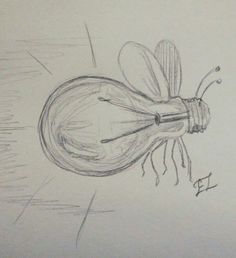 a drawing of a light bulb with a bug on it's back legs and wings