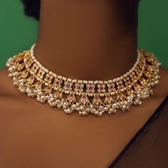 Neema Delicate Choker - Necklace - 925 Silver,All Collections,Gold Coated,Gold Plated,Long Necklace,Necklace,Neema,Semi-Precious Kundan Necklace With Pearl Chain For Celebration, Elegant Pearl Necklace With Tilla, Festive Pearl Necklace With Pearl Pendant, Festive Pearl Necklaces With Pearl Pendant, Festive Temple Jewelry Necklace With Pearl Chain, Elegant Red Pearl Necklace, Pearl Pendant Necklace In Temple Jewelry Style, Traditional Pearl White Necklace With Pearl Drop, Traditional Pearl Charm Necklace For Celebrations