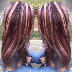 Blonde And Burgundy Hair Color Ideas, Red Black Blonde Highlights, Blonde Hair 2022, Burgundy And Blonde Hair, Mahogany Brown Hair, Red And Blonde, Brown Hair With Blonde, Hair With Blonde Highlights, Highlight Ideas