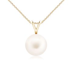 This classic pendant in 14k yellow gold has a simple and elegant design. The solitaire Freshwater cultured pearl is linked to a polished V bale. Classic 14k Gold Pearl Necklace, Classic Round 14k Gold Pearl Necklace, Classic 14k Yellow Gold Pearl Necklace, Classic Yellow Gold Pearl Necklace With Charm, Classic Yellow Gold Pearl Drop Necklace, Classic Pearl Pendant Necklace, Classic 14k Gold Pearl Necklace With Round Pendant, Classic Yellow Gold Pearl Necklace With Round Pendant, Classic Pearl Necklace With Round Pendant For Anniversary