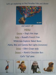 a menu with pictures of different animals and food items on it, including hot air balloons